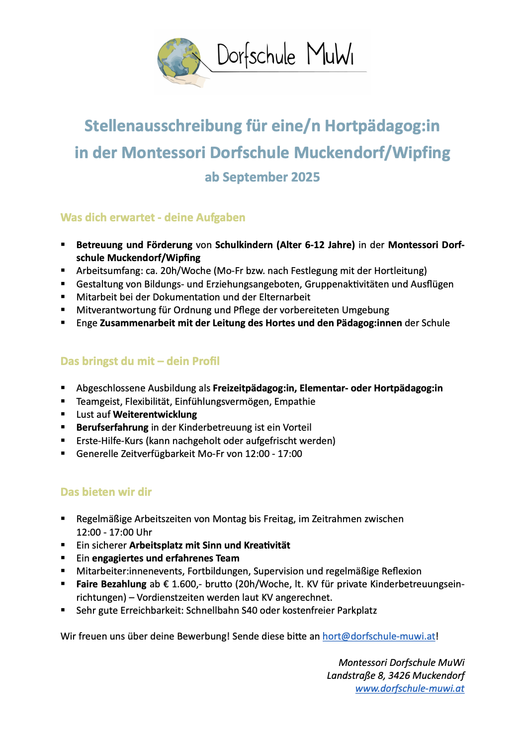 Stellenausschreibung Hort 2025