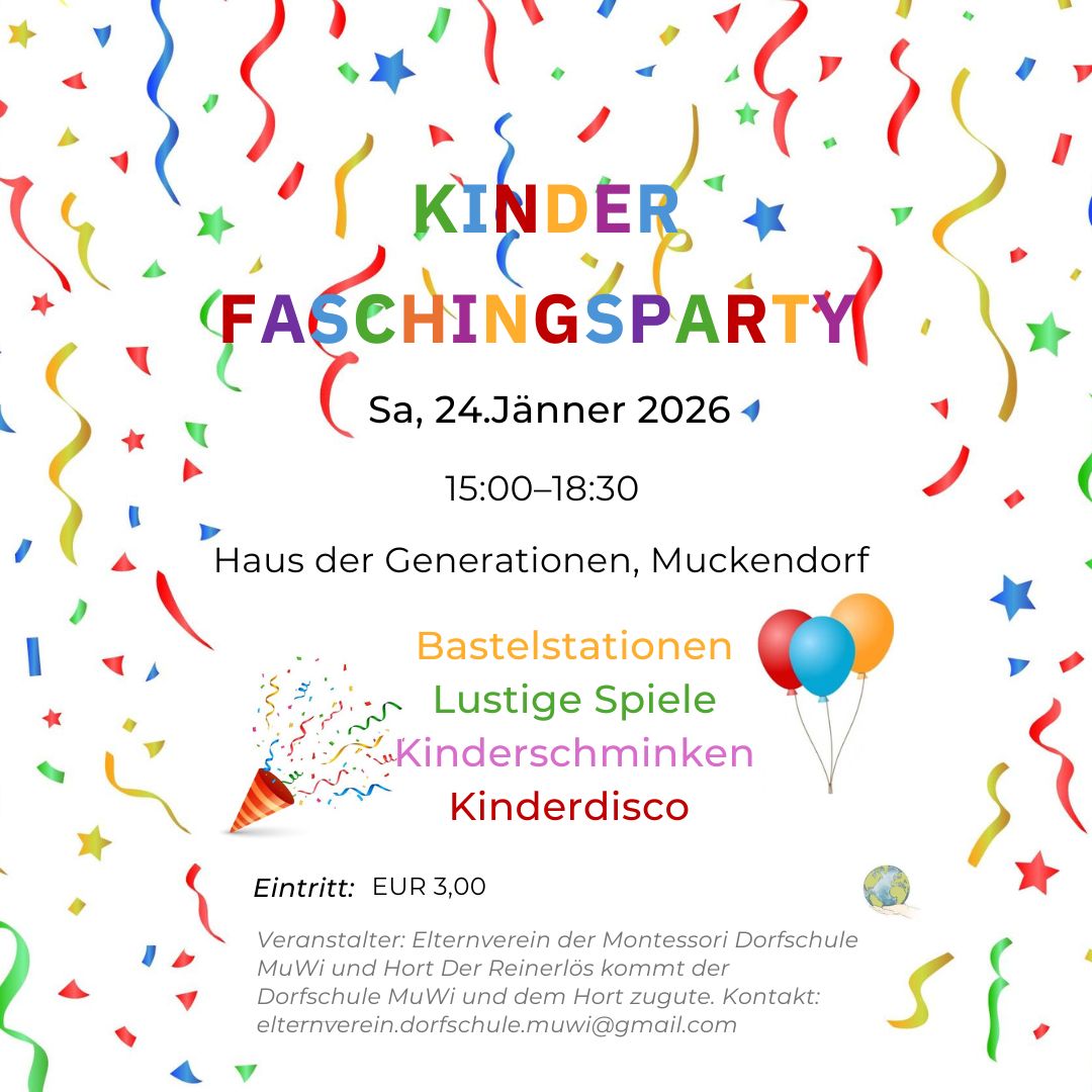 Einladung zu einer Kinder Faschingsparty mit Luftschlangen und Luftballons